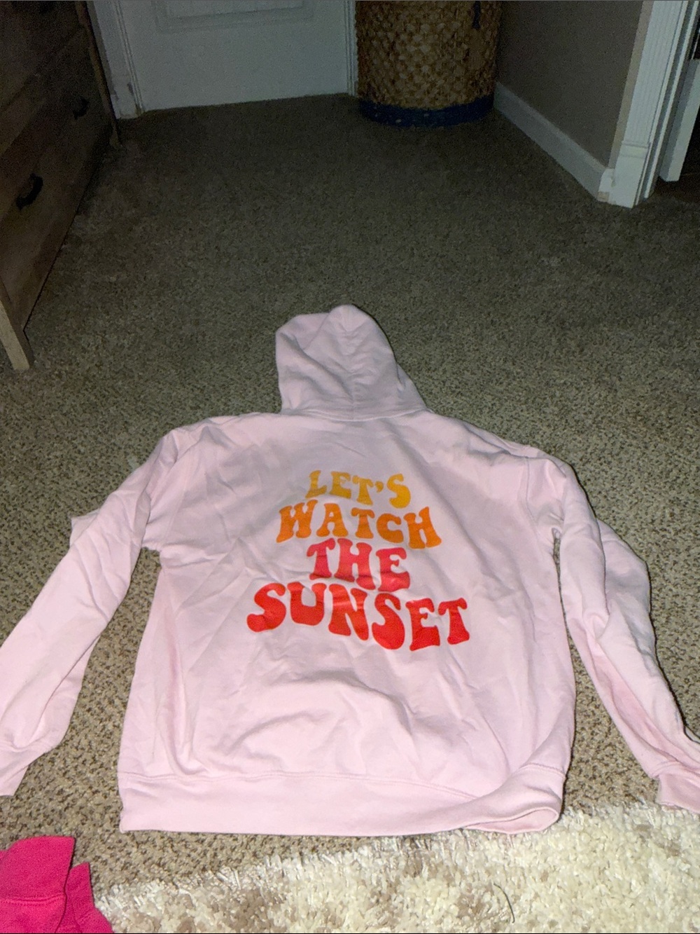 Amazon Pink Hoodie with Yellow-Orange-Red "Let's Watch The Sunset" Graphic
